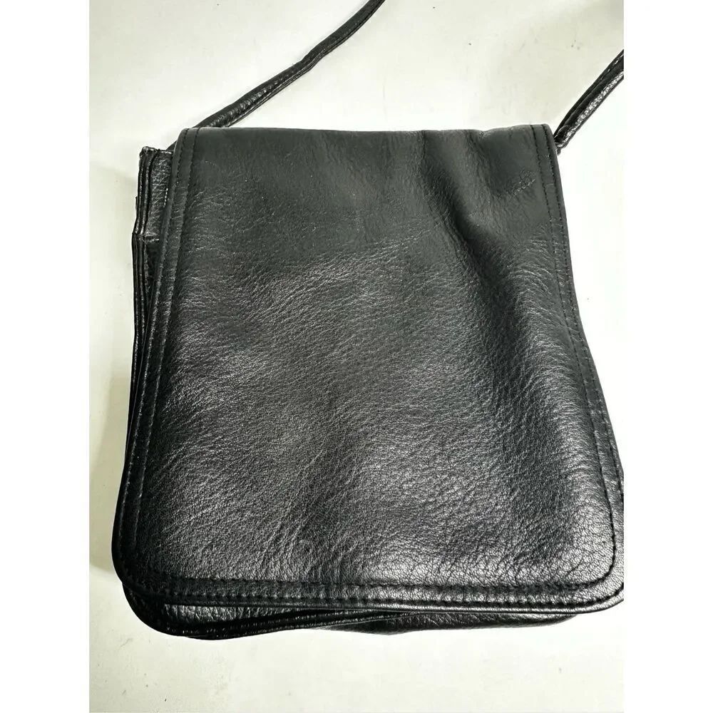 Unisex Faux Leather Black Crossbody Bag with Card Slots Plaid Lined - Picture 2 of 14